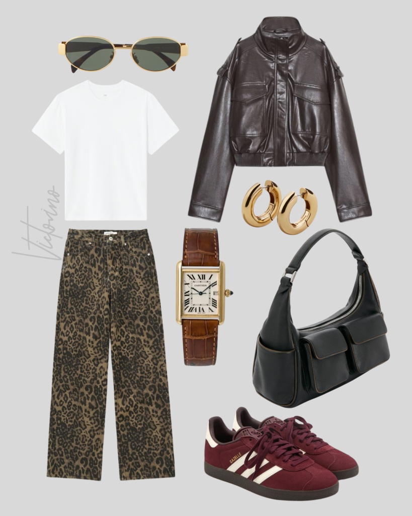 Fashionable flat lay: leopard print pants, white t-shirt, chocolate leather jacket, Cartier watch and black bag.