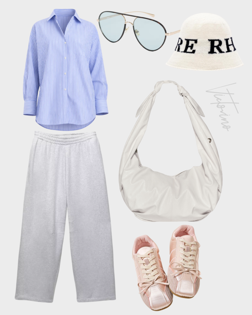 A flat lay product collage against a light grey background, featuring key fashion items: a crisp blue and white vertically striped button-down shirt, a pair of oversized grey heather wide-leg sweatpants, aviator sunglasses with gold frames and light blue lenses, a white knit bucket hat with a black 'RH' logo, a large slouchy white hobo bag, and a pair of pink satin low-top sneakers. The cursive signature 'Victorino' is faintly visible in the background.
