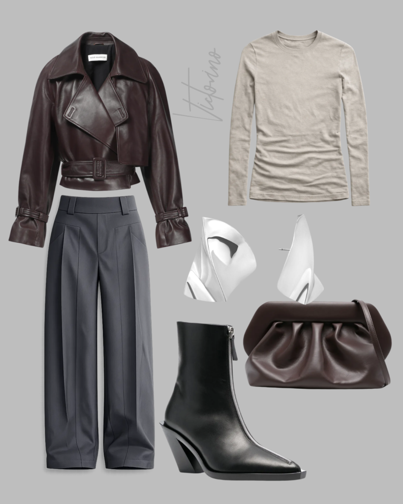 Professional fashion flat lay set against a grey background featuring a curated spring outfit. Includes a Nour Hammour dark chocolate cropped leather jacket, high-waisted charcoal trousers, an Arne stone-colored jersey top, Alexander Wang black ankle boots, a pleated brown clutch bag, and sculptural silver earrings. Centered with a "Victorino" watermark.