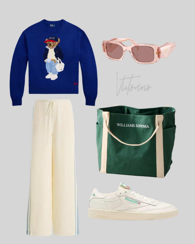 A collage of fashion items against a neutral gray background includes a royal blue knit sweater with an embroidered Ralph Lauren bear, a pair of pink-framed sunglasses, a green canvas tote bag printed with "WILLIAMS SONOMA," a pair of ivory trousers with a pale blue side stripe, and a pair of white low-top sneakers with green details. The name "Victorino" is written in cursive near the sunglasses.